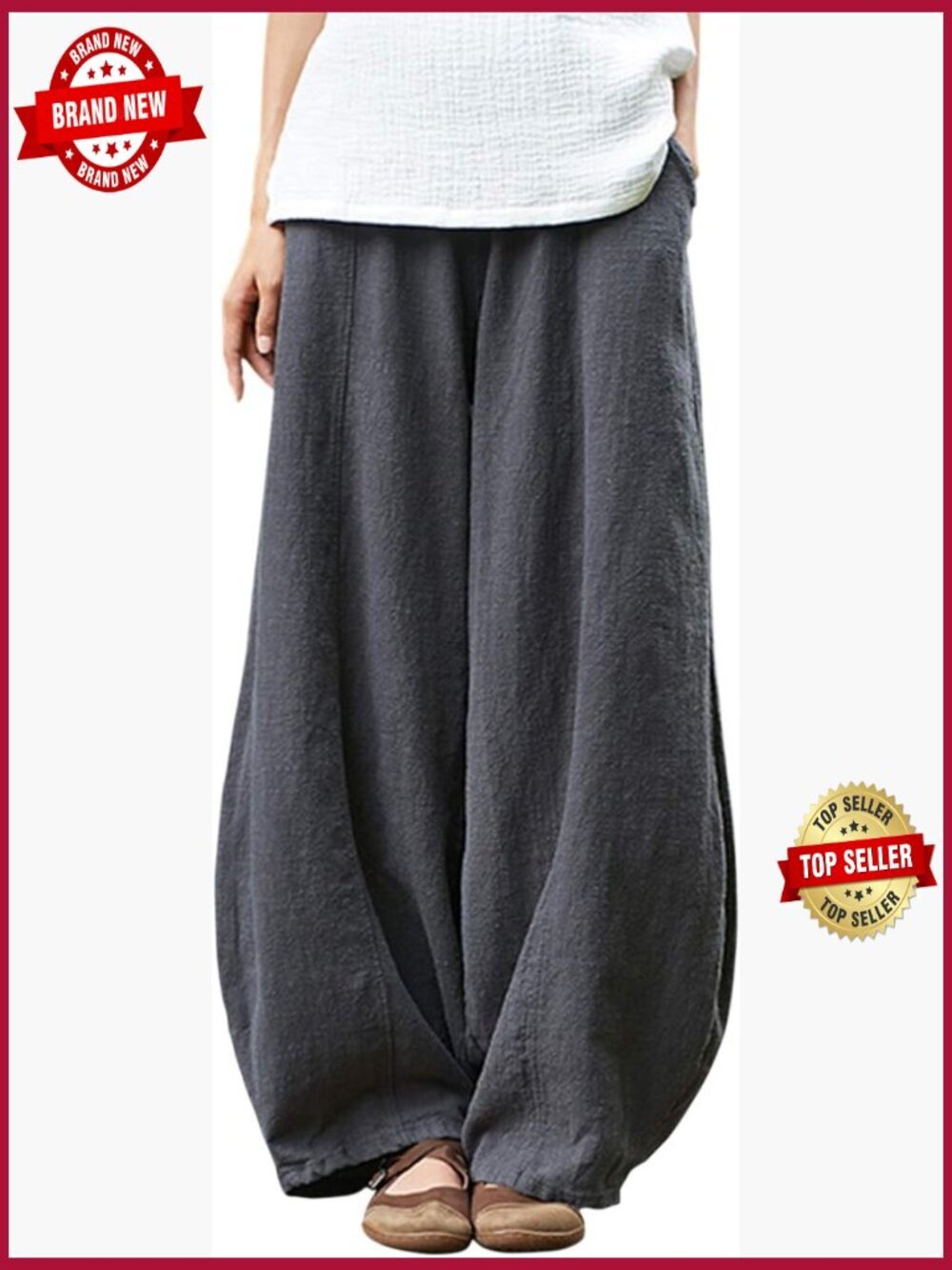 Wide Leg Linen Cotton Baggy Lantern Pants Elastic Waist Relax Fit Casual